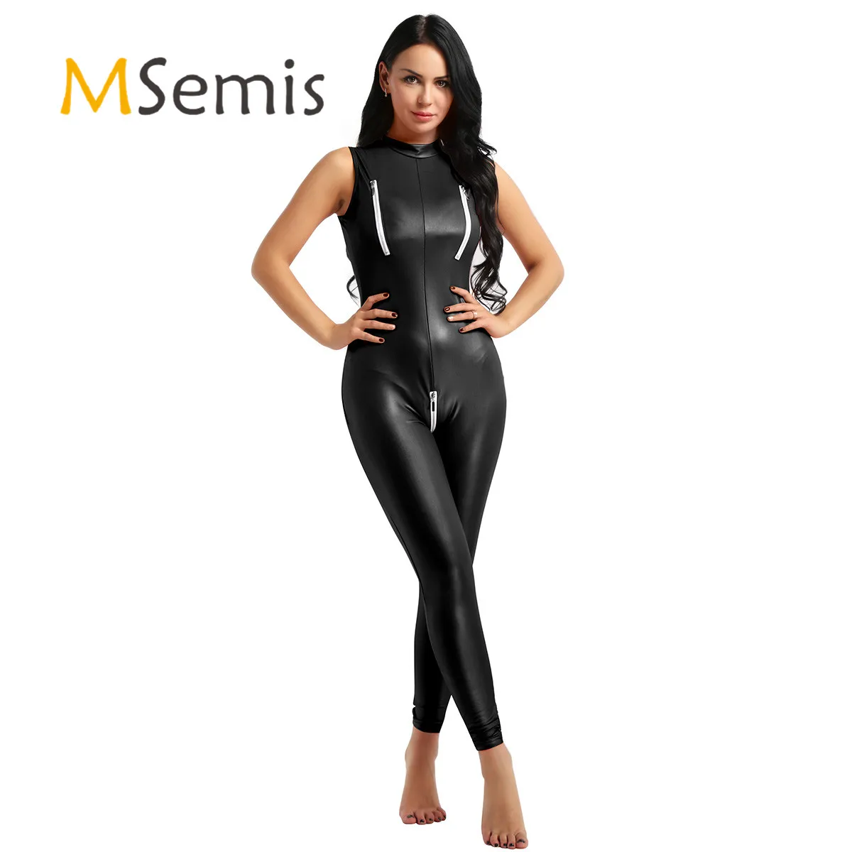 

Women Bodysuit One Piece Wetlook Patent Leather Stand Collar Sleeveless Zipper Bust and Crotch Leotard Bodysuit Catsuit Clubwear