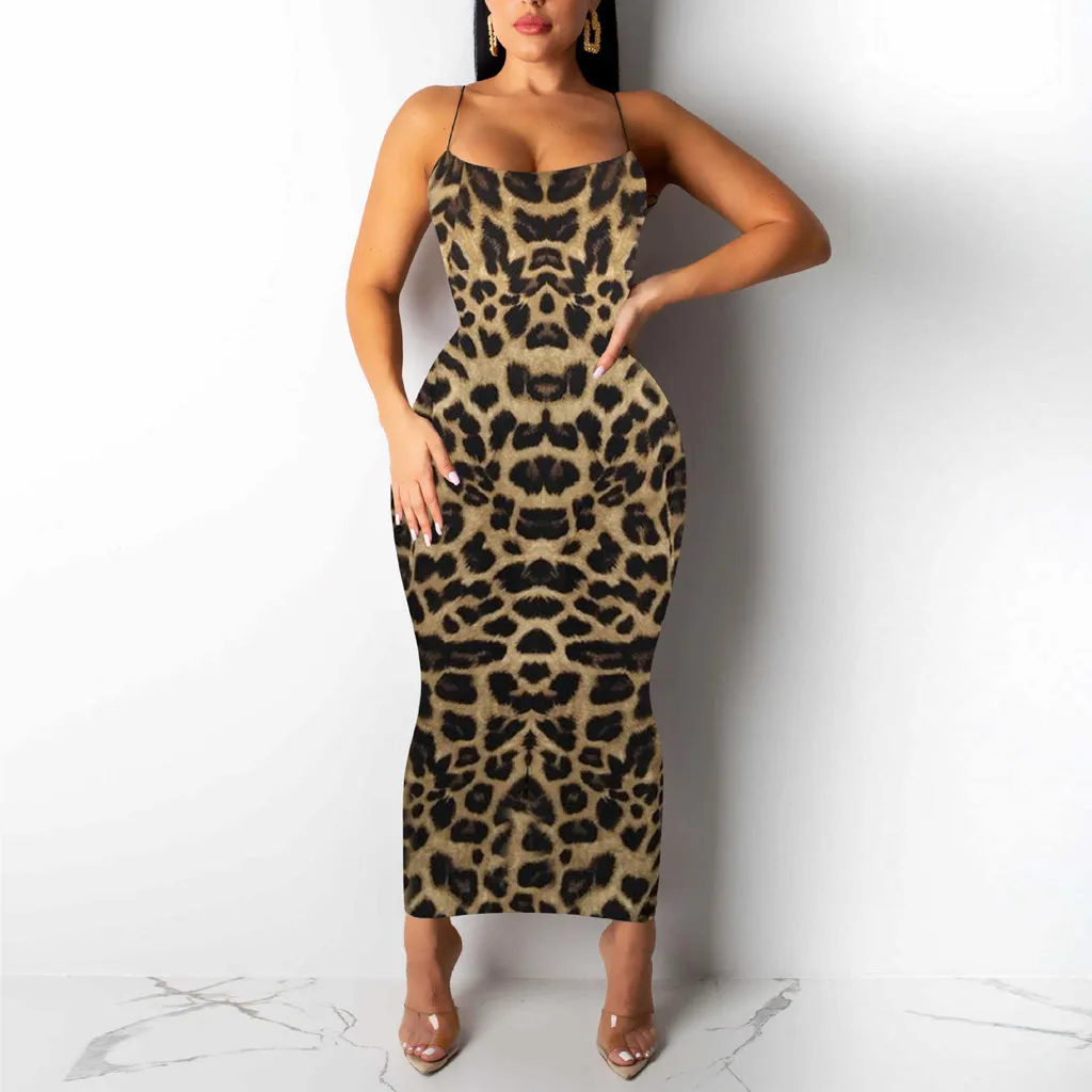 Модное женское платье на бретельках сексуальное леопардовое без рукавов