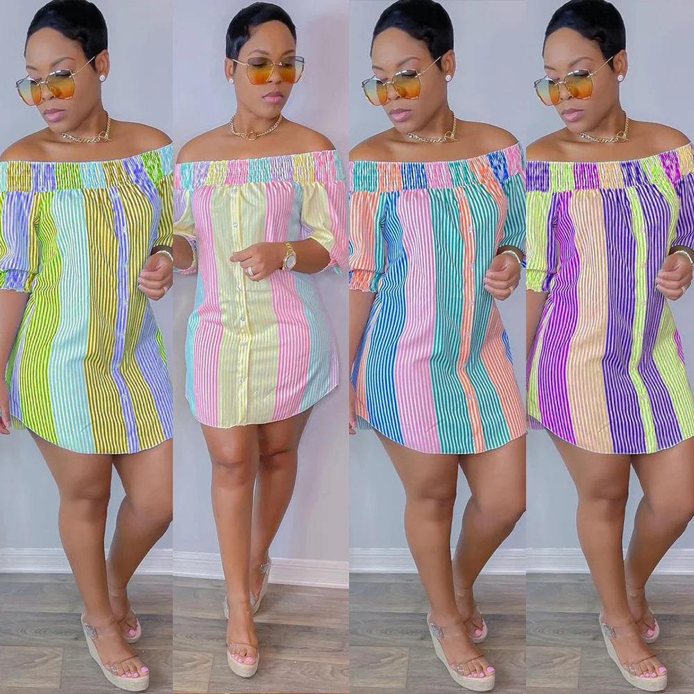 

Cutubly Casual Dresses Short Sleeve Irregular Woman Dress Color Striped Off Shoulder Loose Sexy Women Tshirt Clothing Oversize