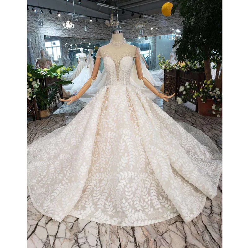 

BGW HT4284 Illusion High-neck Wedding Dresses For Women Cap Sleeves Floor Length Dress Appliques Bead Hot Wedding Gown Ball Gown