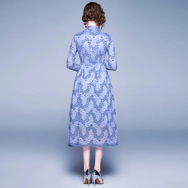 

LUKAXSIKAX 2019 Spring Autumn Women Long Sleeve Dress High Quality Runway Floral Lace Dress Elegant Slim Party Dresses