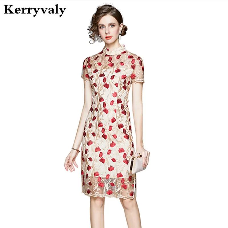 В стиле ретро китайском Стиль Cheongsam лягушка сетки вышивкой платье Zomerjurk Dames 2021 со