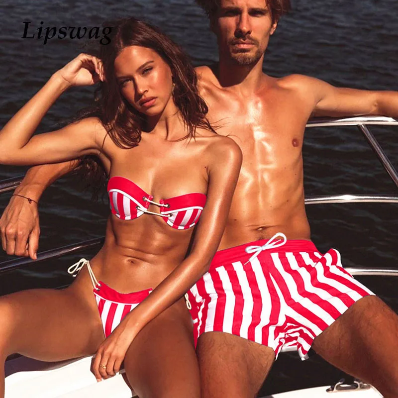 Сексуальный полосатый Женский бандо купальник бикини Бандаж пуш ап комплект