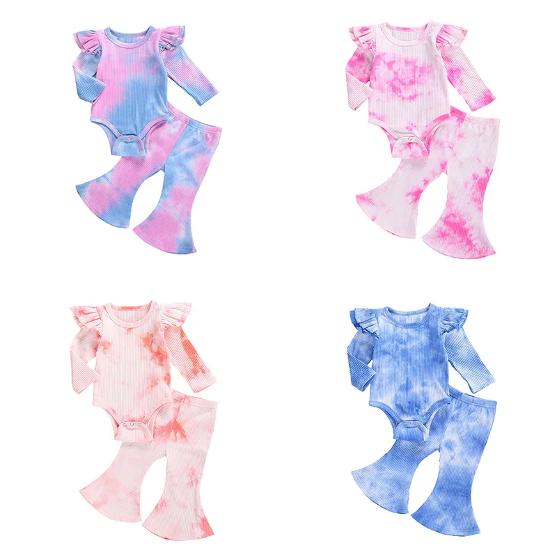 

Newborn Colorful Spring Autumn Clothing Infant Baby Girls Boys Tie Dye Ribbed Clothes Set Long Sleeve Ruffled Bodysuits Pants