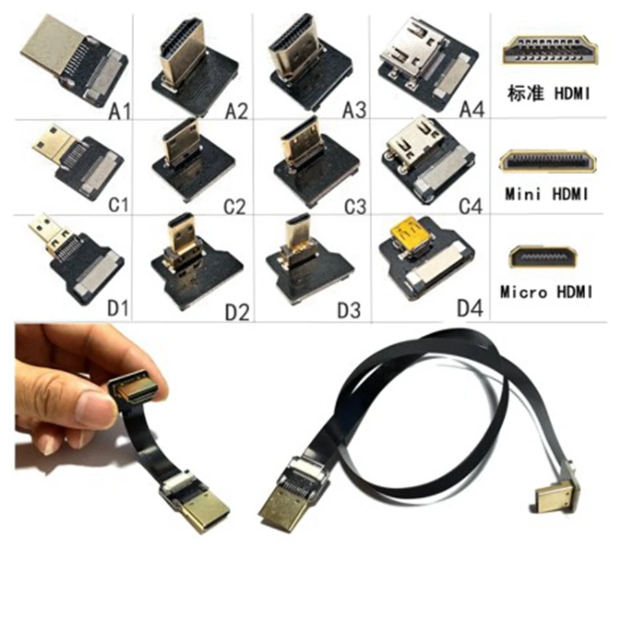 FPC HDMI-совместимый гнездо к Micro HDMI Тип D вверх вниз Угловой Штекер HDTV плоский кабель