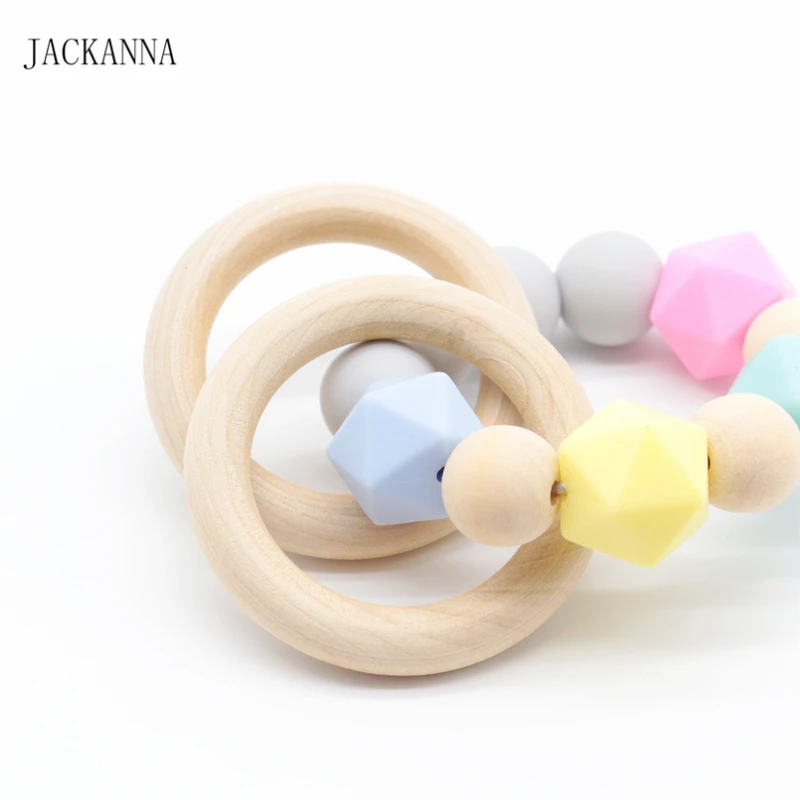 Baby Teether Bracelet Organic Wood Ring Rattle Teething Toy Silicone Beads Nursing Bracelets Chewable Teethers | Мать и ребенок