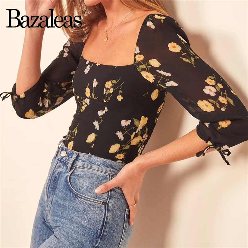 Bazaleas Fashion Half Sleeve Slim blusas 2020 Vintage Yellow Floral Print womens tops and blouse Chic blusa feminina | Женская одежда