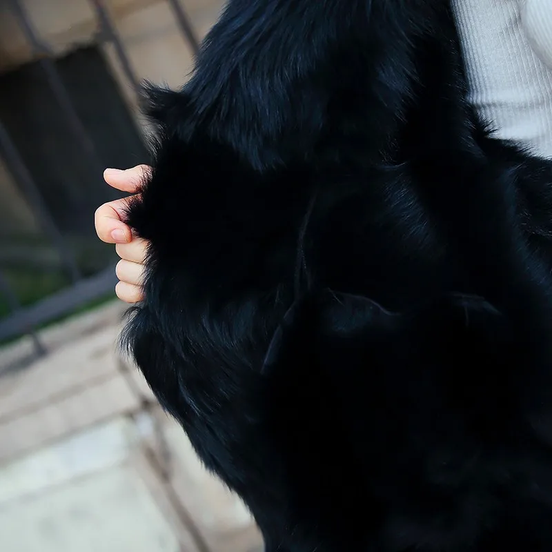 

Womens Natural Sheepskin Wool Collar Black Long Wide-Waisted Jackets V-Neck Pockets Zippers Hip Hop Winter Real Fur Coat