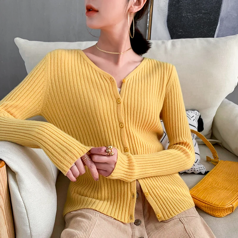 Женский кашемировый кардиган облегающая трикотажная рубашка с V-образным