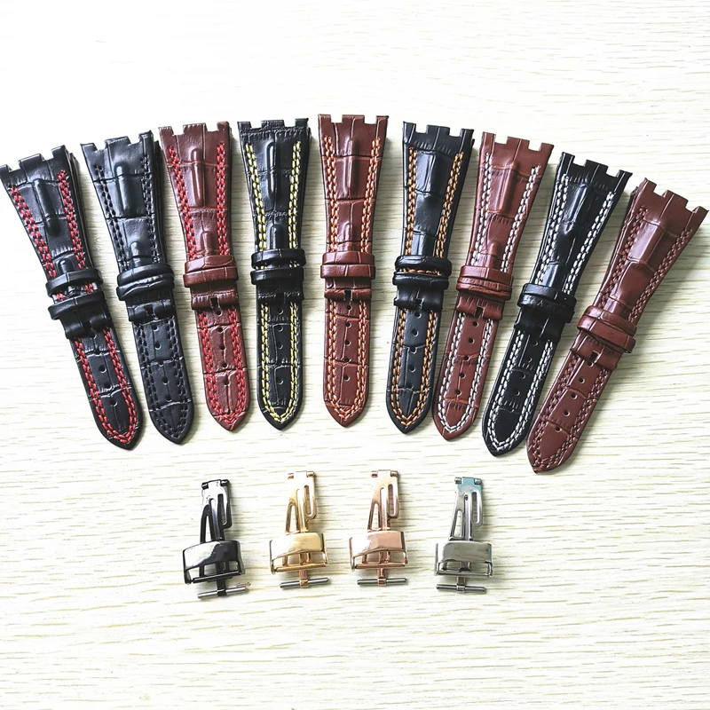 

Ремешок для часов из натуральной кожи с двойным стежком, браслет со стальной застежкой, 28 мм, чёрный коричневый