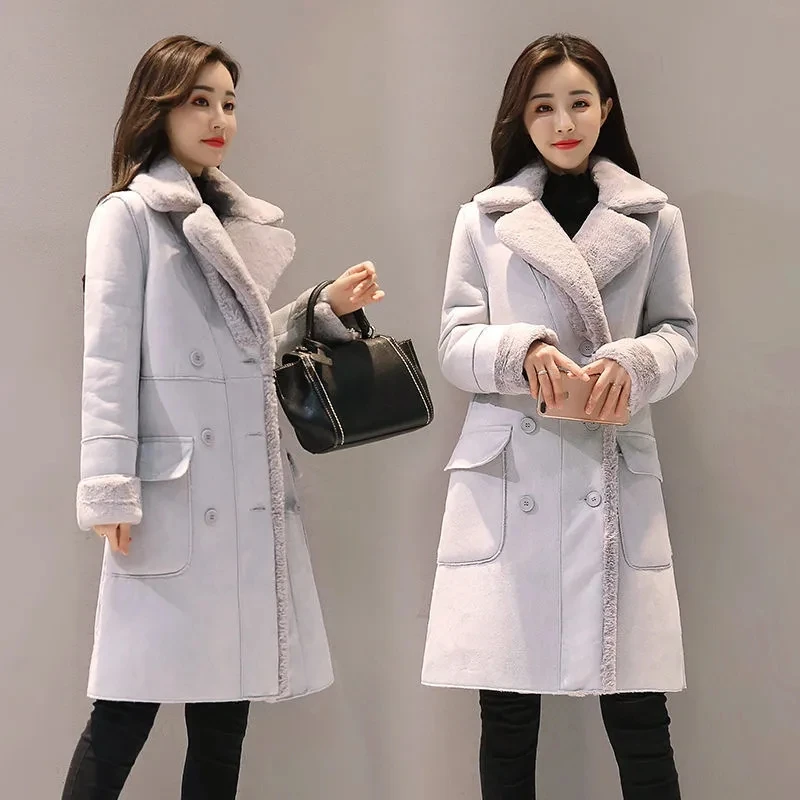 Lamb Wool Female Coat 2021 Female New Style Korean Winter Plus Velvet Thick Suede Coat Mid-length Fur Coat With Lapel Collar C12