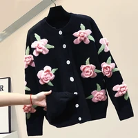 2020 autumn and winter embroidery floral cardigan women loose o neck long sleeve sweater vintage tops