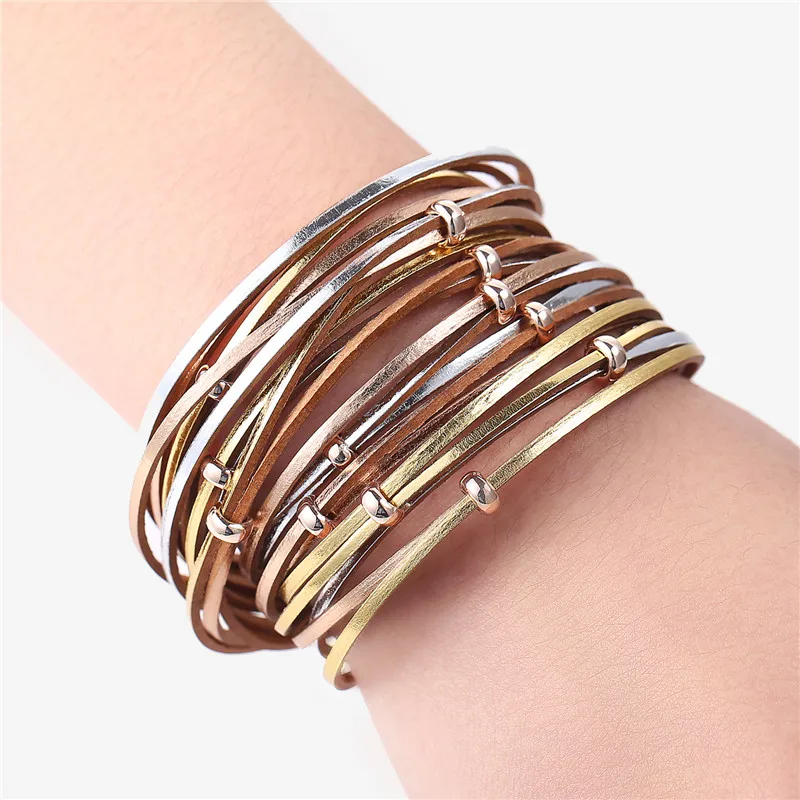 17KM Модные многослойные кожаные браслеты для женщин и мужчин, винтажного золотого цвета, серебряно-покрытые браслеты для пары и дружбы, подарок.
