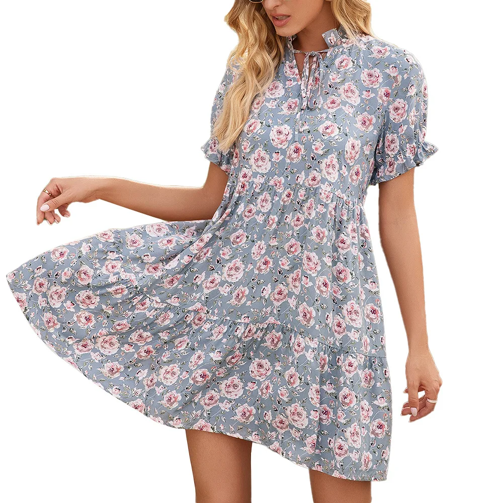 

Fashion Casual Folds Loose Hem 2021 Summer New Women's Floral Print Short-sleeved Dress with Wooden Ears Casual Dress