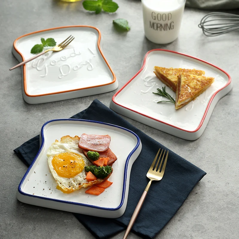 

Ceramic Plate Breakfast Dishes Toast Shaped Bread Plate Salad Fruit Snack Tray Household Tableware Plates Ceramic Dessert Tray