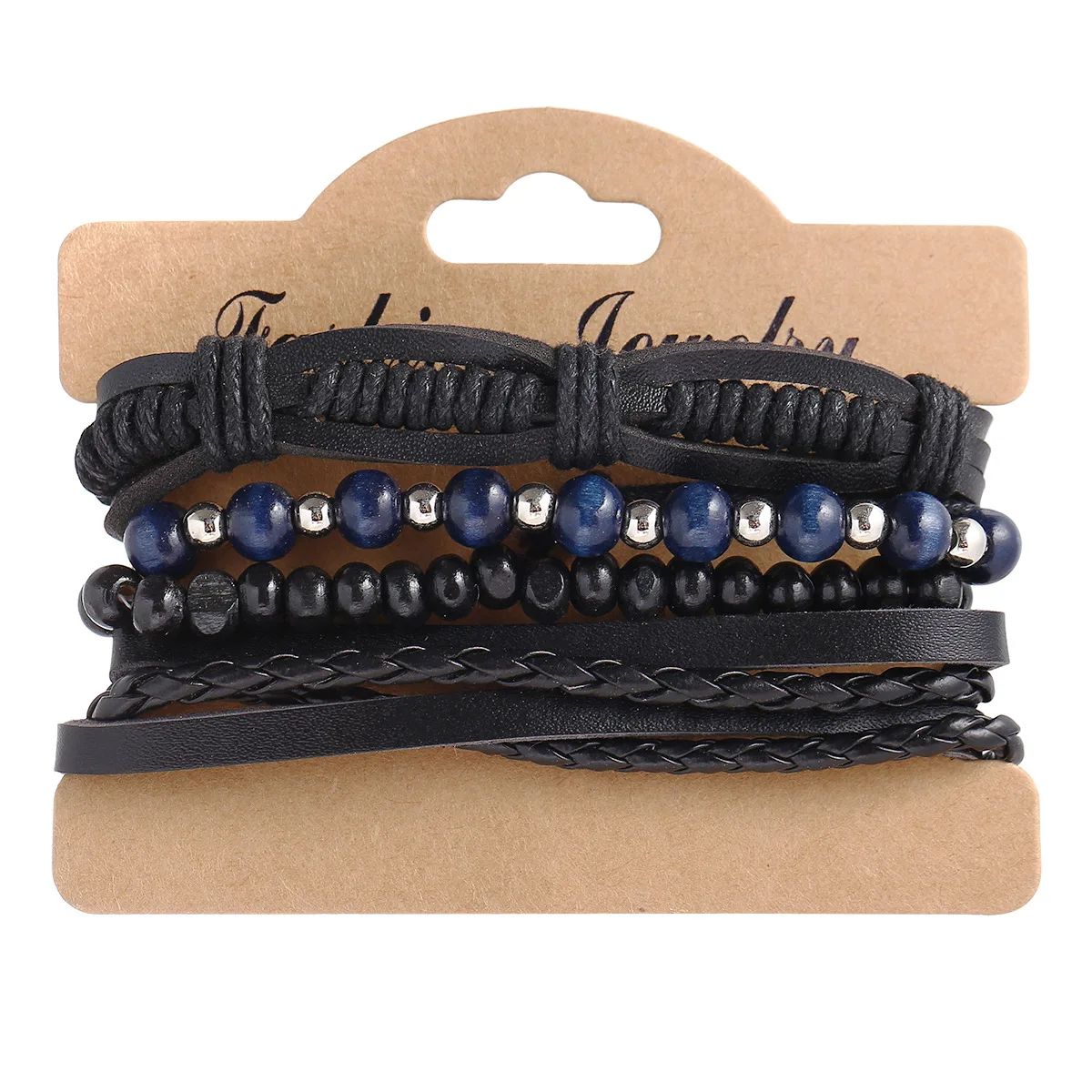 

Blue Beads Black Men's Leather Bracelet Set 4 Antique Cool Bracelets Men's Gift Couple Bracelet Charm Bracelet