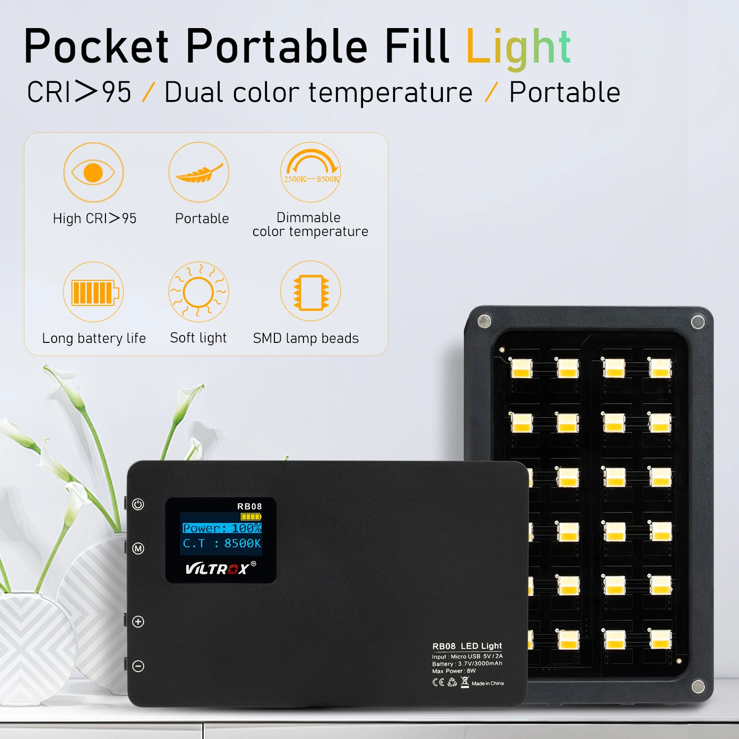 Viltrox RB08 мини селфи светильник светодиодный видео Портативный телефон заполнить