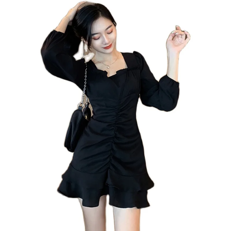 

Japanese Vintage Harajuku Elegant Dark Black Dresses 2020 Summer Sweet Sexy Lace Up Slim Square Collar Puff Sleeve Dress Female