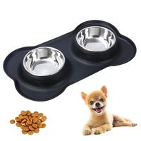 pet dog double bowls with silicone mat stainless steel bowl water and food feeder non slip pet cat bowl durable dog products