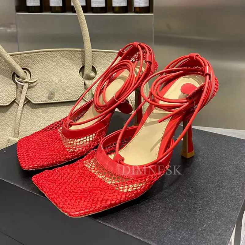Harga 2021 Net Mesh Tipis High Heel Sandal Wanita Square Toe Pergelangan Kaki Strappy Permen Warna Sandalias Musim Panas Seksi Gaun Pesta Sepatu Wanita