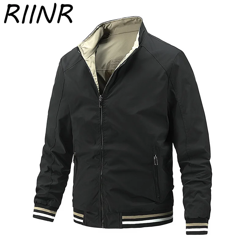 

Riinr 2021 осенне-зимняя мужская деловая Повседневная куртка с капюшоном двухсторонняя мужская куртка с воротником-стойкой тонкая мужская курт...