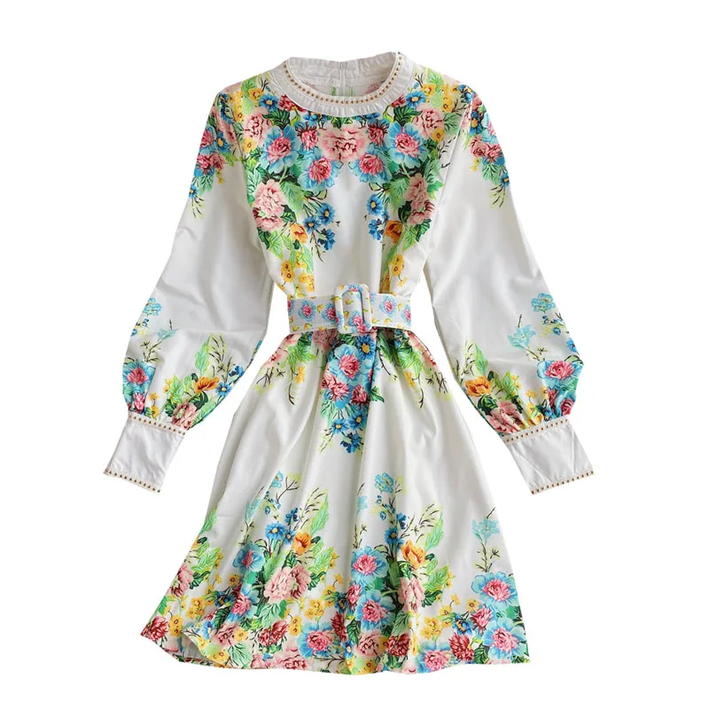 

Women's Spring Autumn Dress French Palace Style Printed Lantern Sleeve Dress New Waist Long Sleeve Female Short Dresses QX930