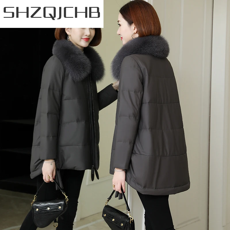 

Женская куртка из 100% натуральной кожи SHZQ, зимнее пальто из овечьей кожи с воротником из натурального Лисьего меха, Женская Корейская кожана...