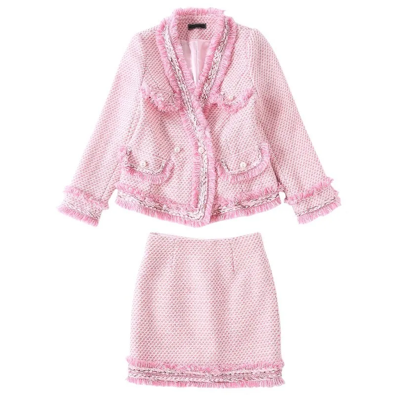 Брендовый роскошный женский розовый комплект твидовый Модный жакет с кисточками