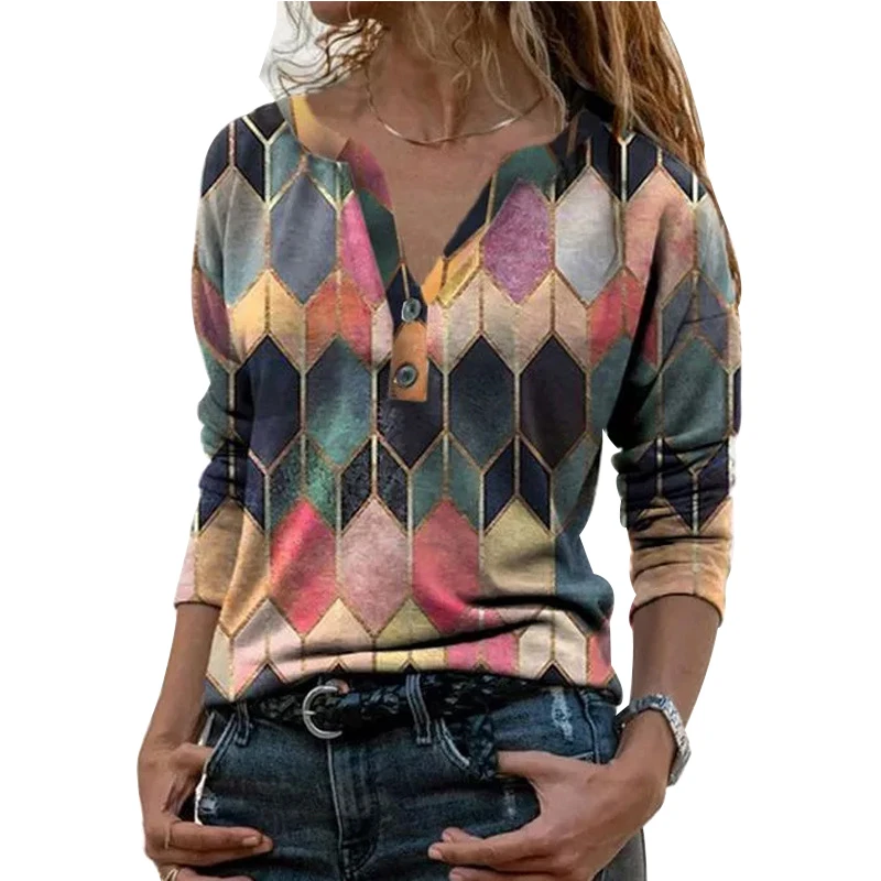 

Sexys Women Long Sleeve Print T-Shirt Contrast Color Ladies V Neck Loose Top FS99