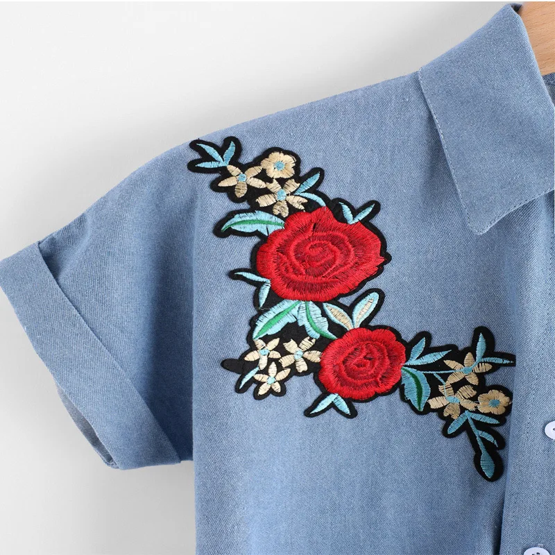

Denim Shirt Women 2020 Summer Fashion New Style Embroidered Denim Lapel Single Breasted Short Sleeve Shirt Trend 113