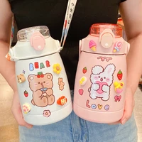 1000 ml cute cartoon big belly thermal bottle with straw stainless steel thermos flask large capacity kids school insulated cup