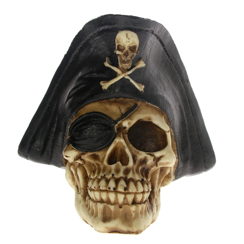 

Caribbean Pirate Captain Skull Figurine Statue Skeleton with Pirate Hat Eyepatch Buccaneer Sculpture Spooky Badass Horror Decor