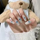 Искусственные ногти 24 шт. с клеем, Длинные блестящие синие сердца, полные жемчужные наклейки для ногтей, наклейки для девушек DL