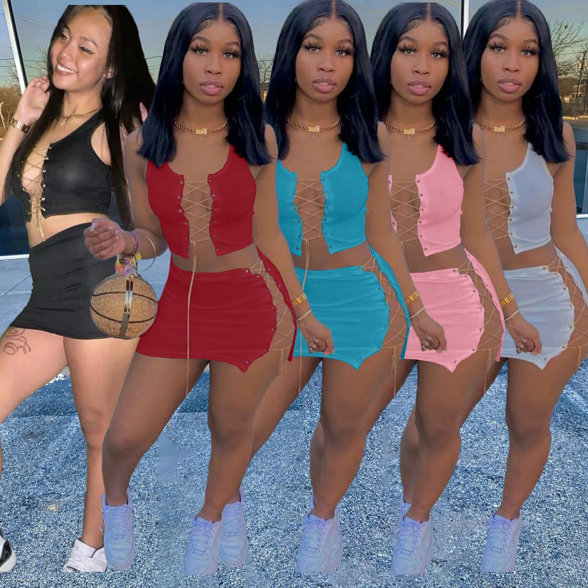 

Ladies Sleeveless Short Skirt Suit Fashion Slim Fit Casual Pure Color Women's Sexy Tight-fitting Hip-up Metal Chain Strap Skirt