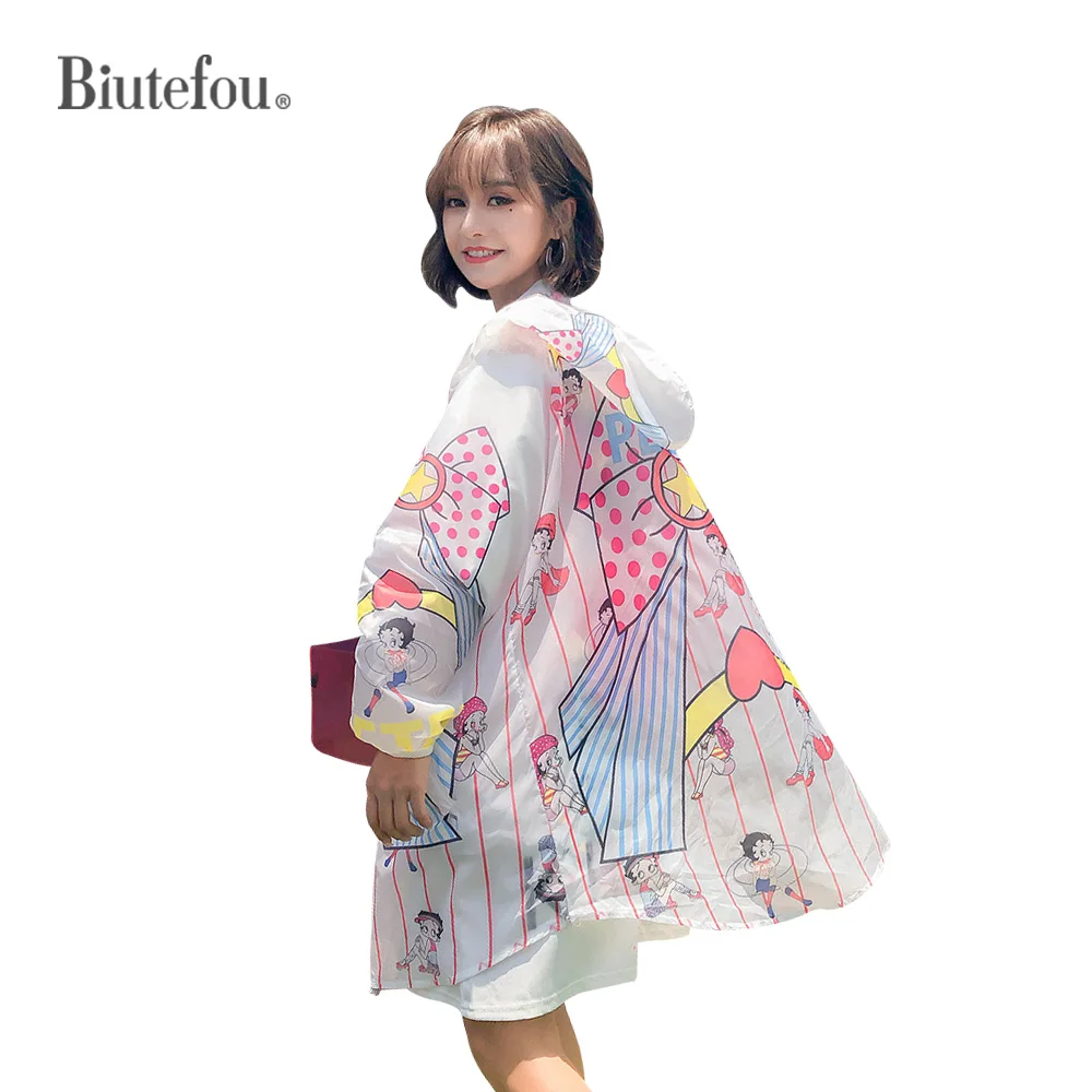 2020 Летняя мода мультфильм печати свободные с капюшоном тонкие пальто женские