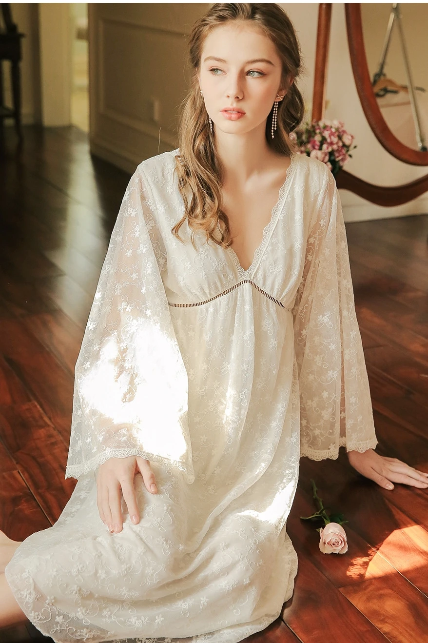

V-neck Retro Nightdress for Women 2021 Spring/Summer Princess Lace Hollow Bell Sleeve Nightgown Sexy Court Style Sleeping Dress