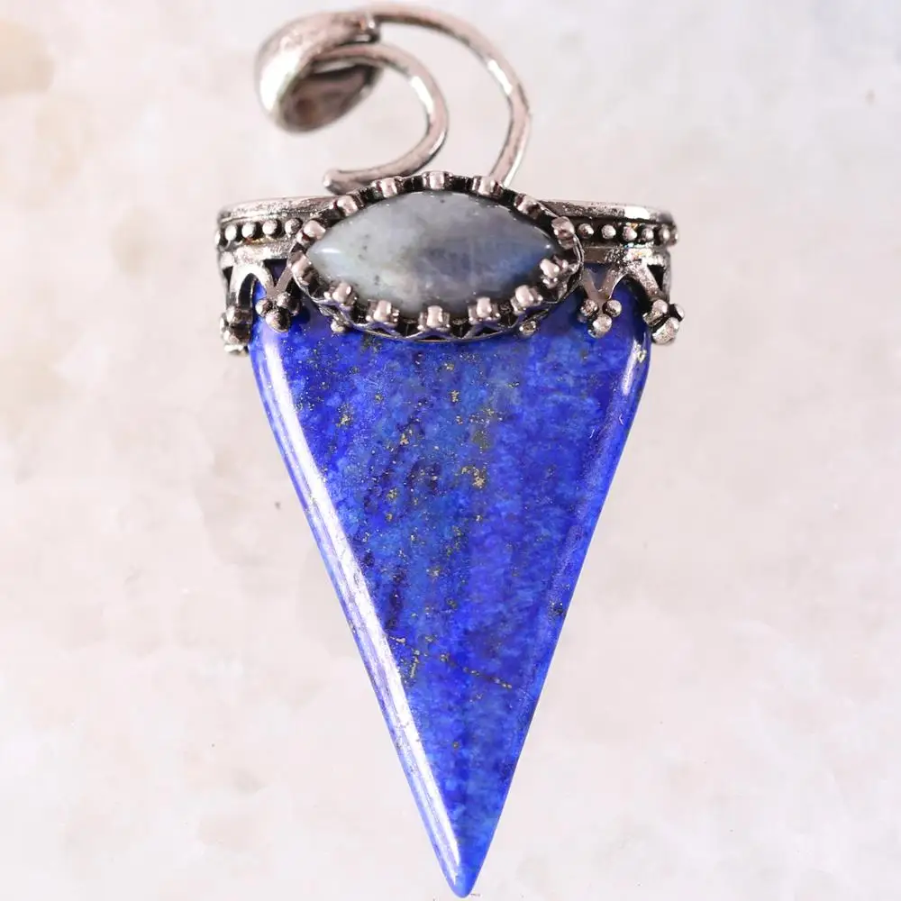 Natural Stone Pendant Blue Lapis Triangle Antique Silver Color Crown Half Moon Fit Necklace Women Men Healing Jewelry K696