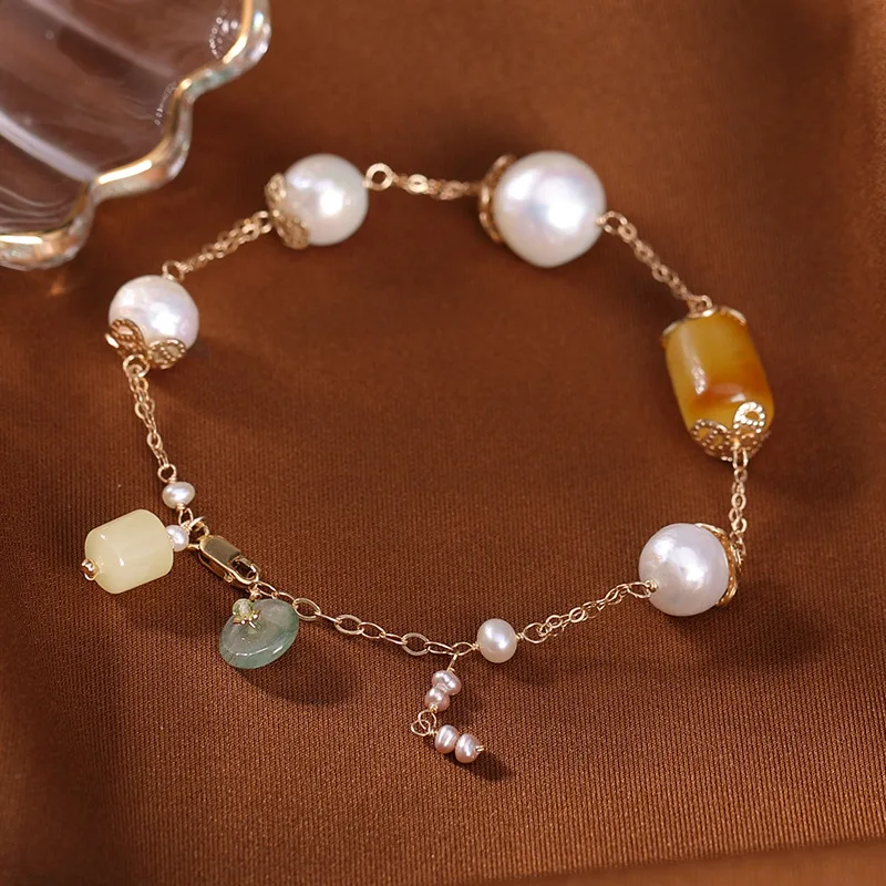 

Baifuming 14K gilded bracelet natural pearl wax Jade personality retro fashion elegance ladies Bracelet