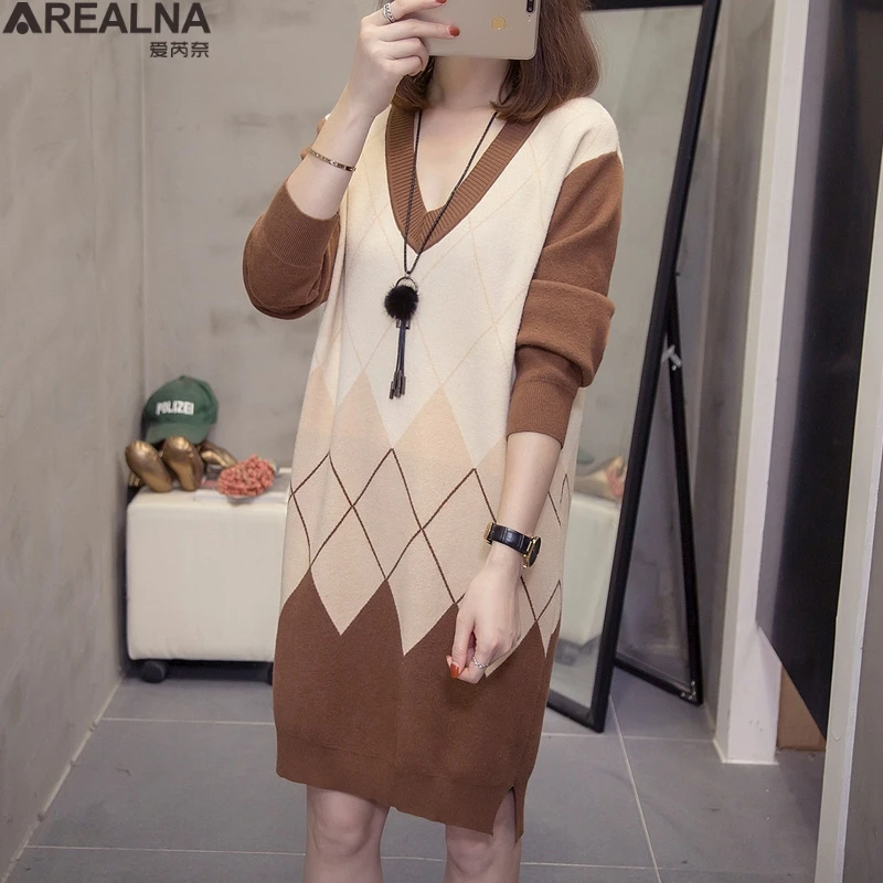 Эстетическое вязаный свитер с ромбами платье для женщин осень зима корейские