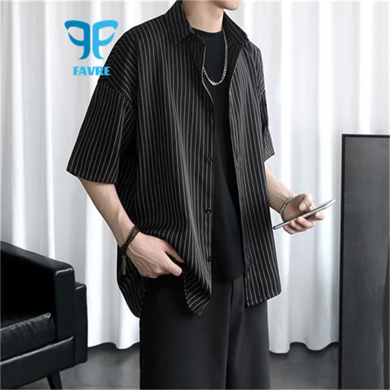 

FAVRE Casual Shirts Summer Men Short Sleeve Fashion Shirt Striped Thin Loose lapel Coat