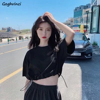 t shirts women solid korean style simple shirring ins crop top short sleeve o neck candy color kawaii girl all match daily basic
