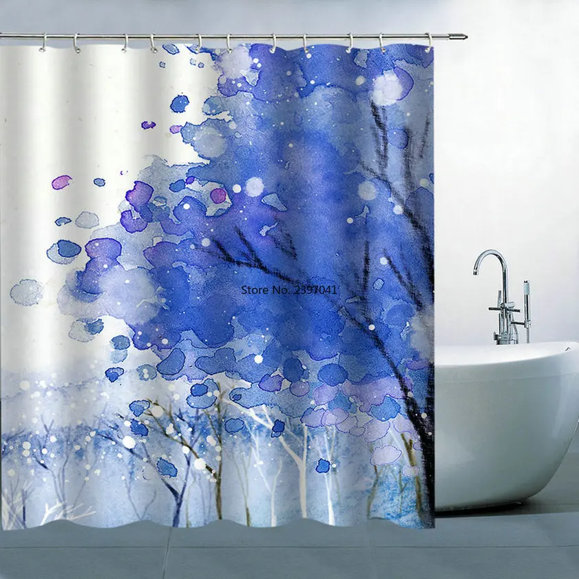 Креативная декоративная занавеска для душа с деревьями синяя Акварельная