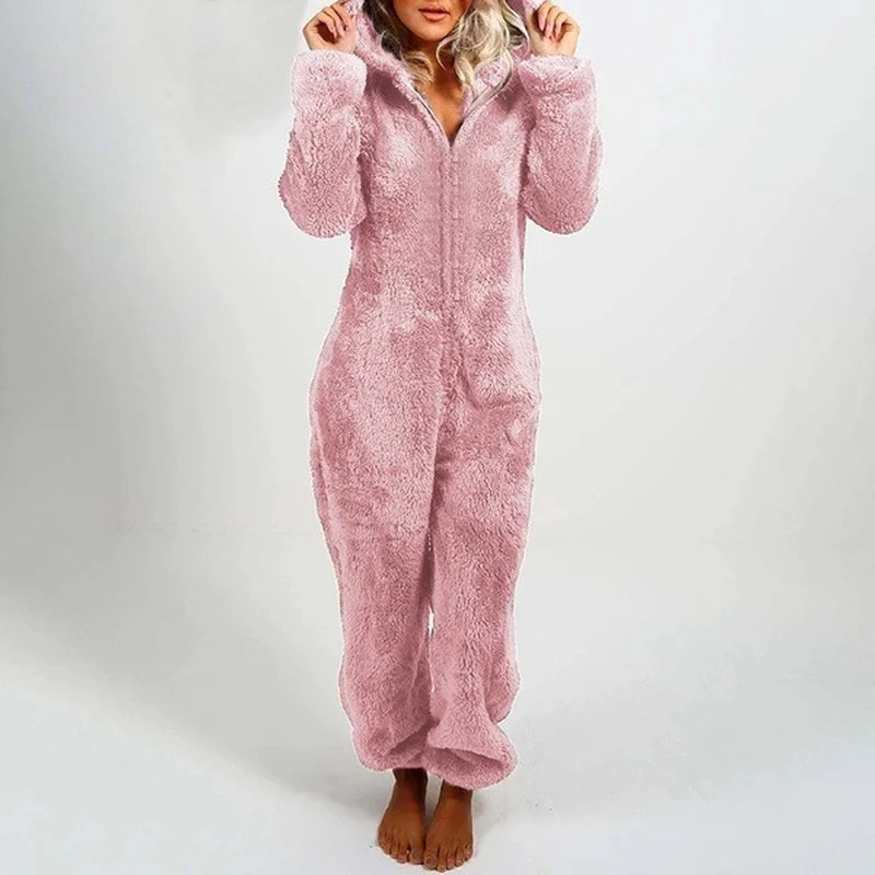 

Autumn and winter women's Plush thickened Plush Jumpsuit hooded pajamas