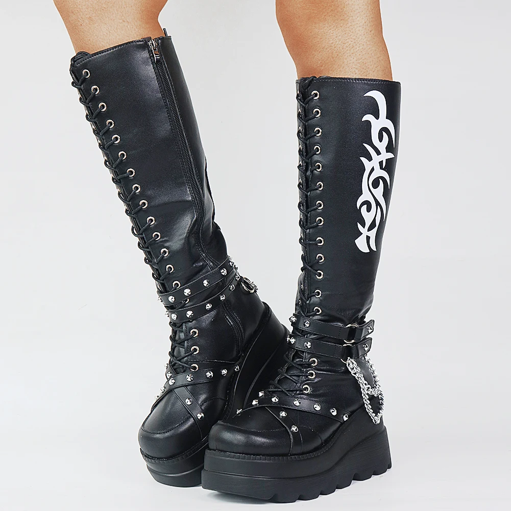 brand design cool big size 43 rivets ins hot sale high heels black punk gothic style street women platform shoes knee high boots free global shipping
