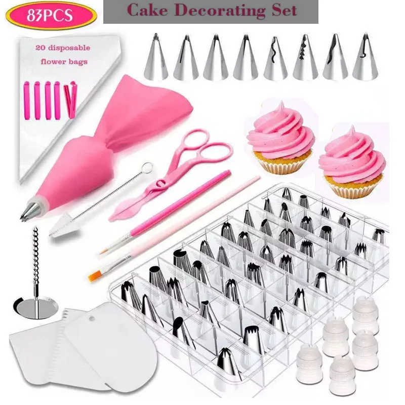 

83Pcs Baking Accessories Tools Set Cake Decorating Mouth Pastry Coloring Utensils Silicone Cutters Cream Scraper Cake Stand