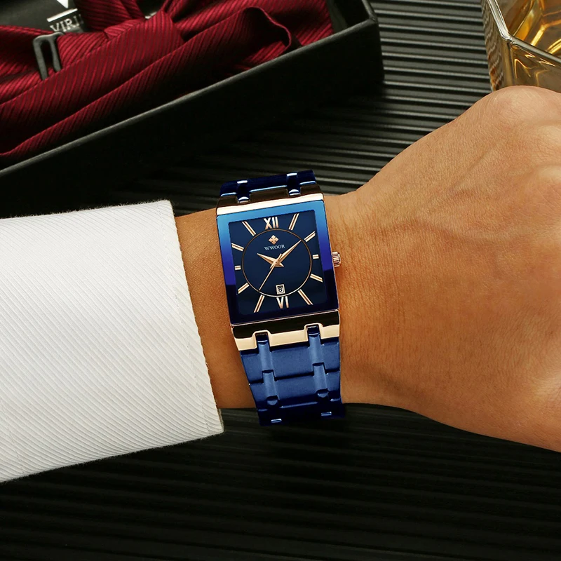

Relogio Masculino WWOOR Blue Watches For Men Square Mens Watch Top Brand Luxury Quartz Stainless Steel Waterproof Wrist Watches