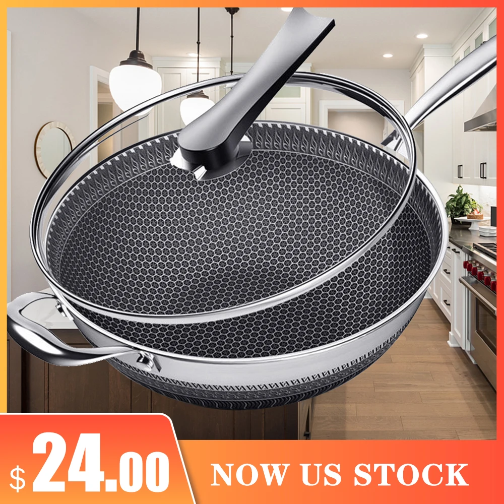 

Новая антипригарная сковорода, двусторонняя сковорода с Сотами из нержавеющей стали 304, вок без масла и дыма, сковорода, вок без фосфора, пос...