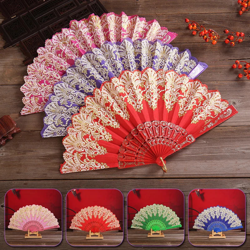 

Fashion Folding Fan Flower Lace Silk Hand Held Fan Wedding Dance Prom Party Stage Performance Hot Stamping Fan Home Decor