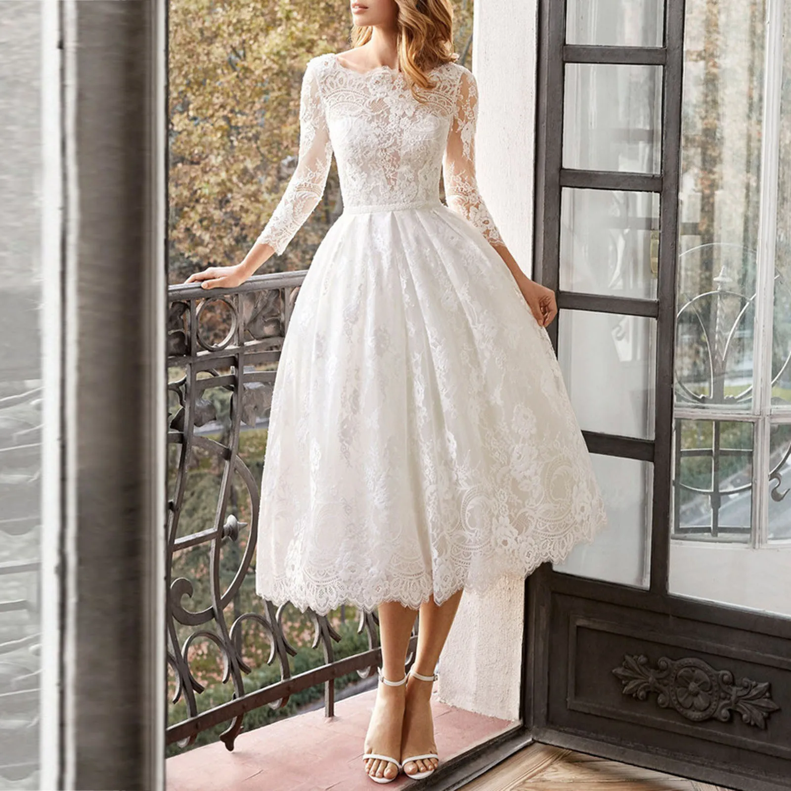 

Women's Solid Color Long-sleeved Lace White Slim Dresses For Women 2021 Wedding Dress Mid-length Dress Vestidos Para Mujer