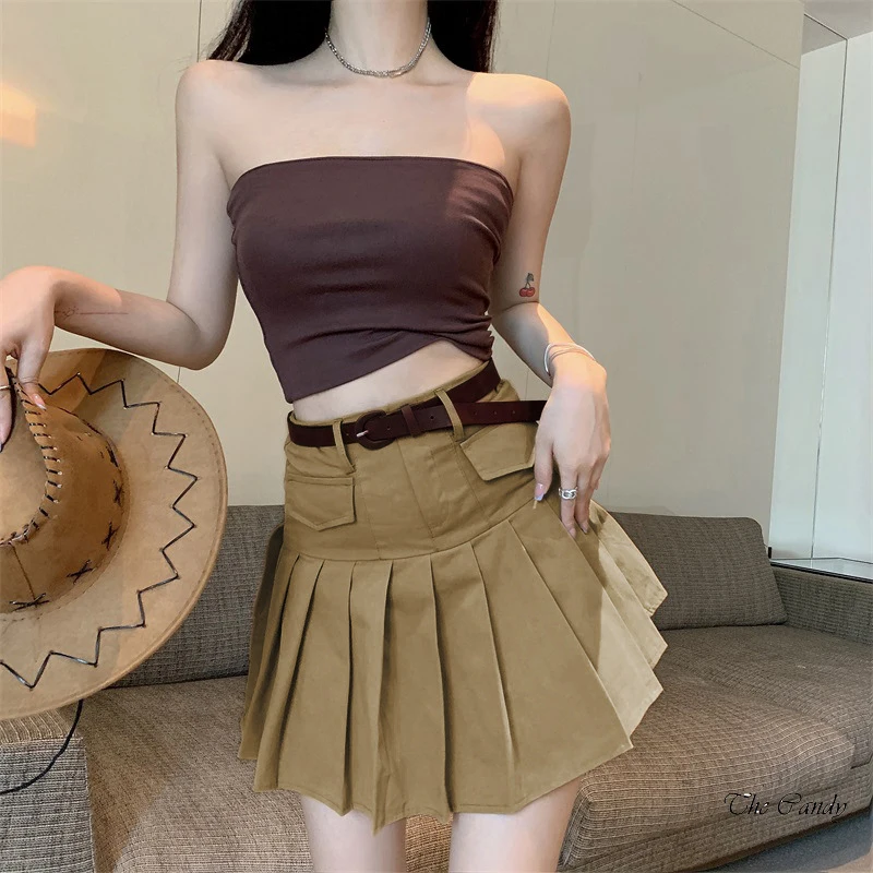 

Kayotuas Women Pleated Skirt Summer Brown High Waist Slim Fit Office Ladies Hem Ruffles Mini Chic Solid Color Clubwear